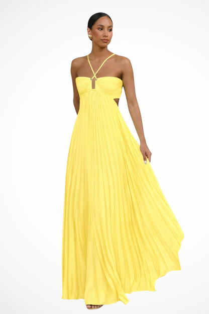 Halter Maxi Jurk Dames – Geplooide Zomerjurk met Open Rug