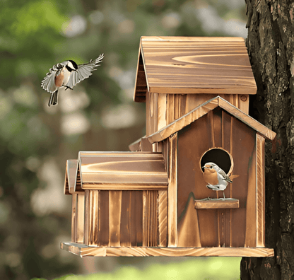 Hangend Houten Vogelhuisje – Weerbestendig Voederhuis voor Tuinvogels | Natuurlijke Nestkast voor Balkon, Tuin of Terras