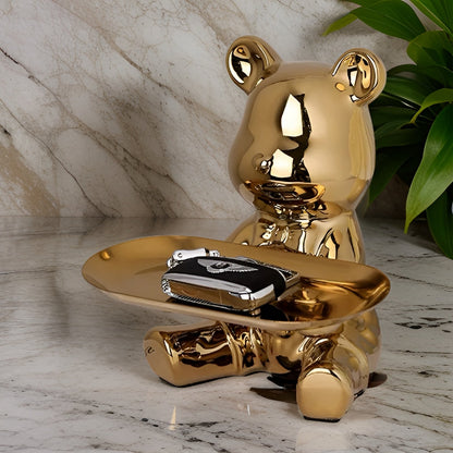 Happy Bear keramisch beeldje met schaal – Luxe decoratief dienblad met metalen voet – Modern design figuur voor woonkamer en hal