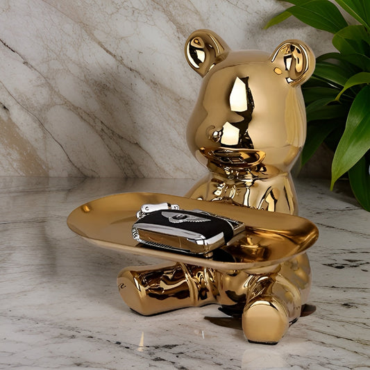 Happy Bear keramisch beeldje met schaal – Luxe decoratief dienblad met metalen voet – Modern design figuur voor woonkamer en hal