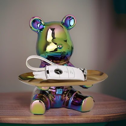 Happy Bear keramisch beeldje met schaal – Luxe decoratief dienblad met metalen voet – Modern design figuur voor woonkamer en hal