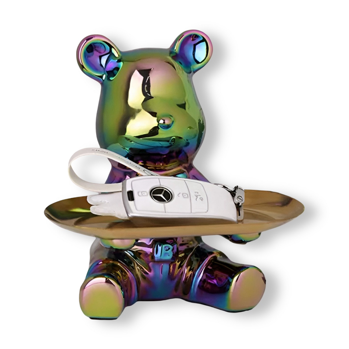 Happy Bear keramisch beeldje met schaal – Luxe decoratief dienblad met metalen voet – Modern design figuur voor woonkamer en hal