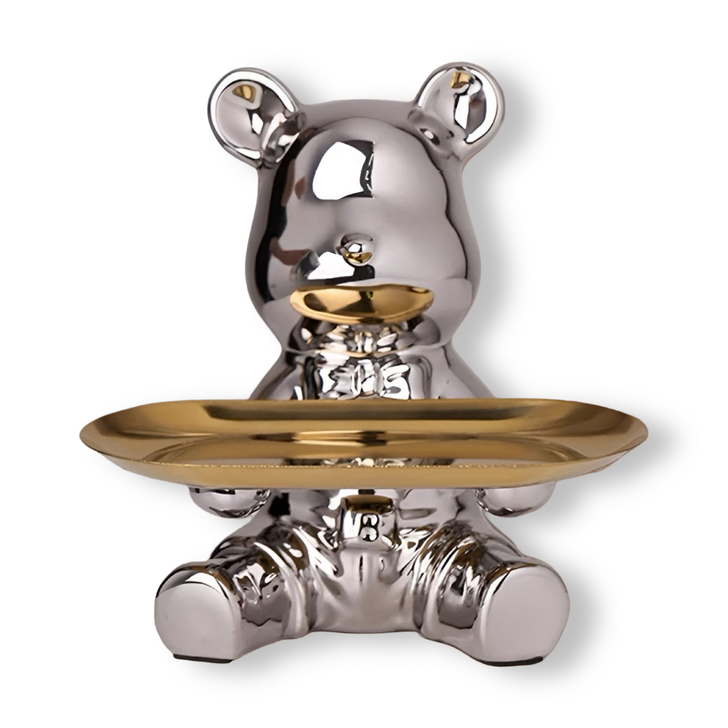 Happy Bear keramisch beeldje met schaal – Luxe decoratief dienblad met metalen voet – Modern design figuur voor woonkamer en hal