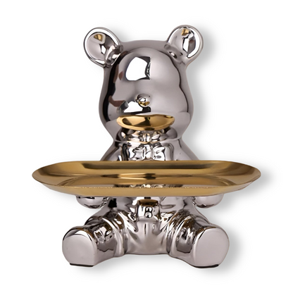 Happy Bear keramisch beeldje met schaal – Luxe decoratief dienblad met metalen voet – Modern design figuur voor woonkamer en hal