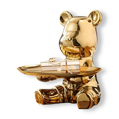 Happy Bear keramisch beeldje met schaal – Luxe decoratief dienblad met metalen voet – Modern design figuur voor woonkamer en hal