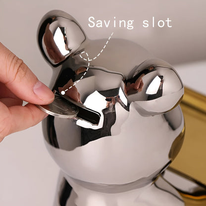 Happy Bear keramisch beeldje met schaal – Luxe decoratief dienblad met metalen voet – Modern design figuur voor woonkamer en hal