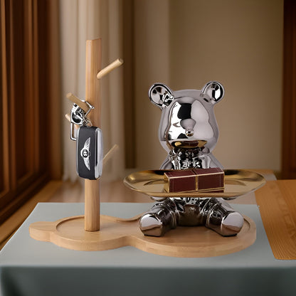 Happy Bear keramisch beeldje met schaal – Luxe decoratief dienblad met metalen voet – Modern design figuur voor woonkamer en hal