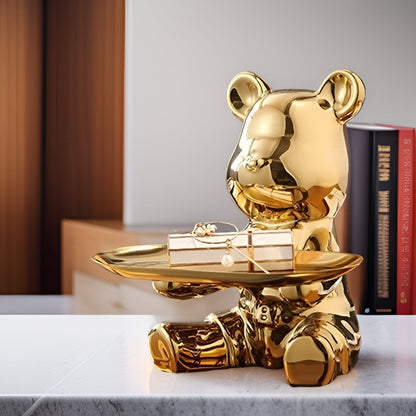 Happy Bear keramisch beeldje met schaal – Luxe decoratief dienblad met metalen voet – Modern design figuur voor woonkamer en hal