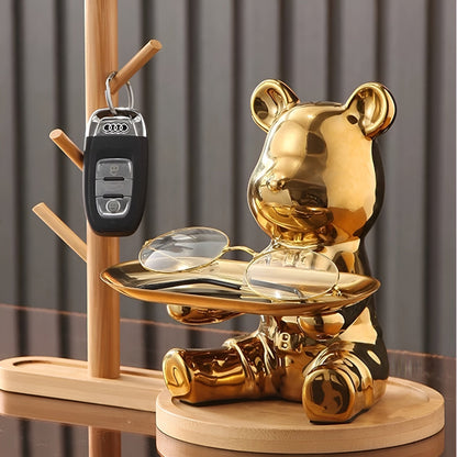 Happy Bear keramisch beeldje met schaal – Luxe decoratief dienblad met metalen voet – Modern design figuur voor woonkamer en hal
