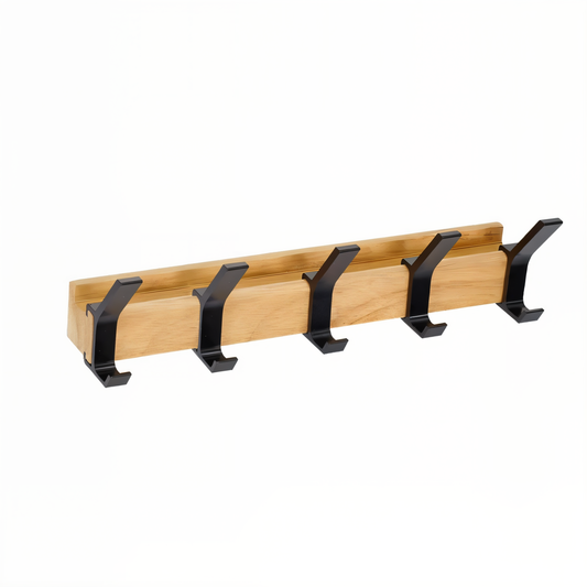 Wandkapstok van Hout met Verstelbare Aluminium Haken – HookRack 5-Haaks | Wandgarderobe voor Hal, Badkamer & Slaapkamer