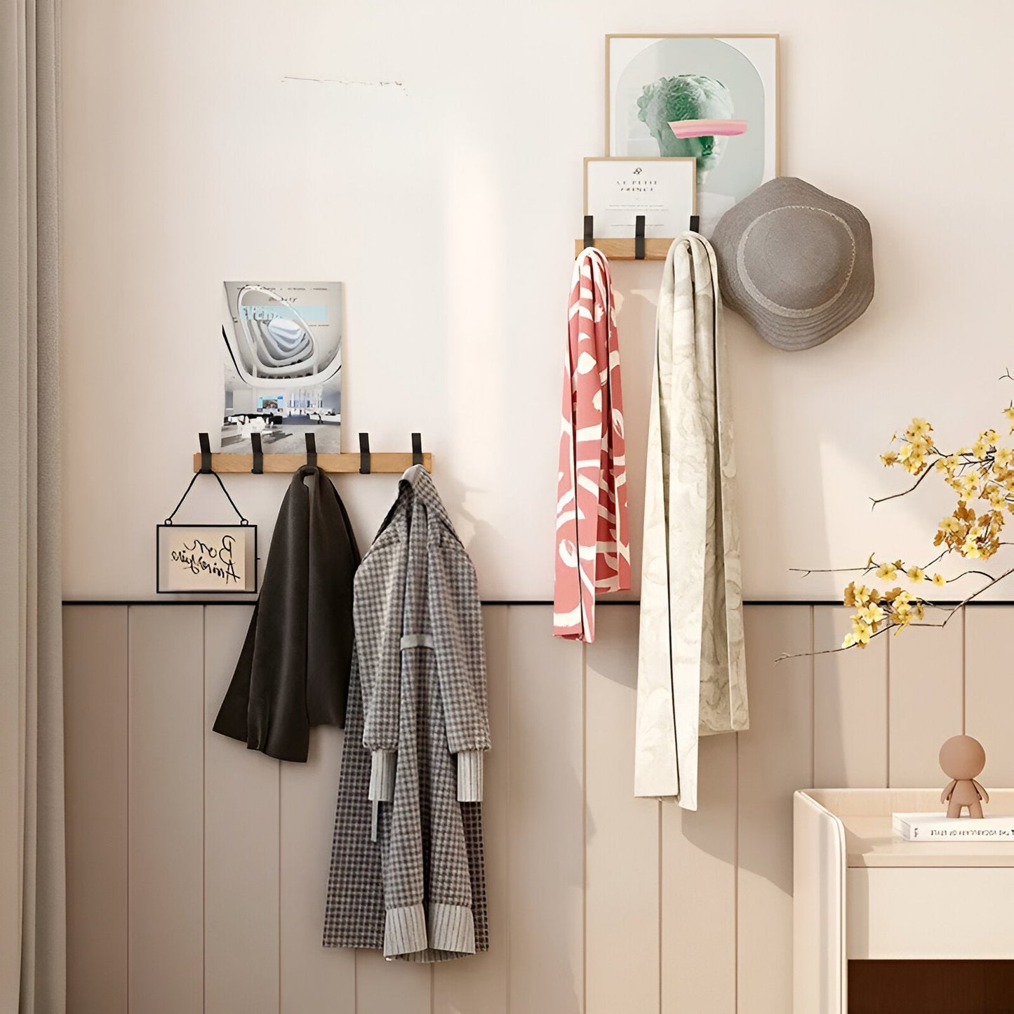 Wandkapstok van Hout met Verstelbare Aluminium Haken – HookRack 5-Haaks | Wandgarderobe voor Hal, Badkamer & Slaapkamer