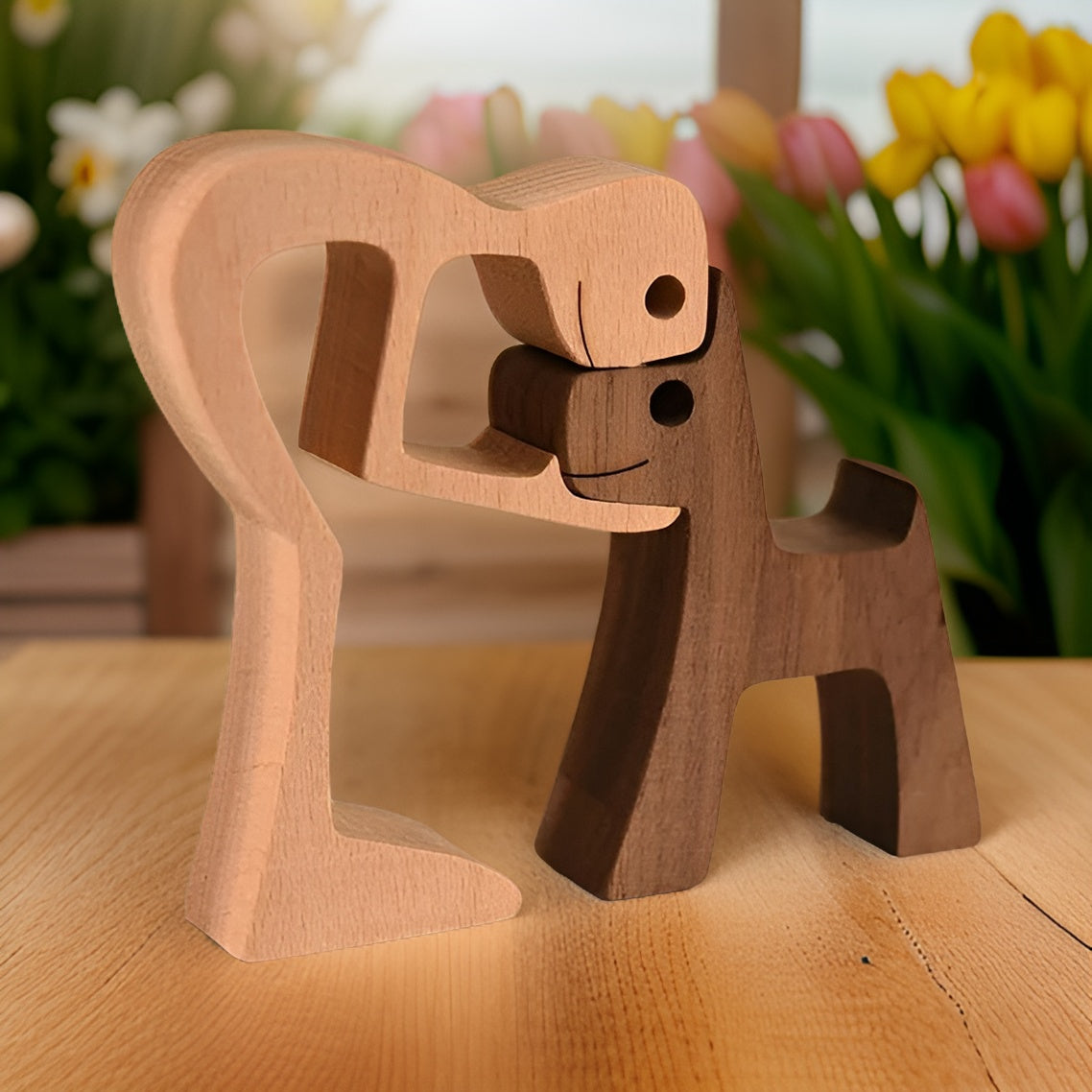 Paws of Love – Handgemaakte Houtsculptuur van Hond en Mens – Symbool van Eeuwige Verbondenheid