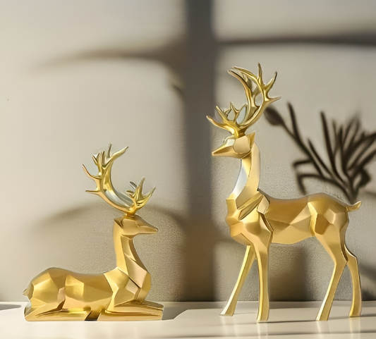 Velvoro decoratiebeeld – 2-delig rendierfiguur set van hars in elegante kleuren