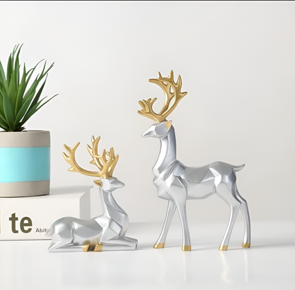 Velvoro decoratiebeeld – 2-delig rendierfiguur set van hars in elegante kleuren