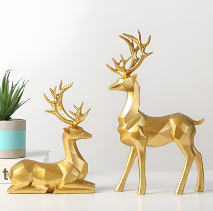 Velvoro decoratiebeeld – 2-delig rendierfiguur set van hars in elegante kleuren