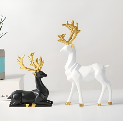 Velvoro decoratiebeeld – 2-delig rendierfiguur set van hars in elegante kleuren