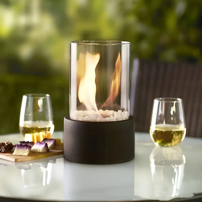 SleekFlame Tafelhaard – Stijlvolle Zwarte Bio-Ethanol Vuurtafel met Glascilinder voor Binnen & Buiten