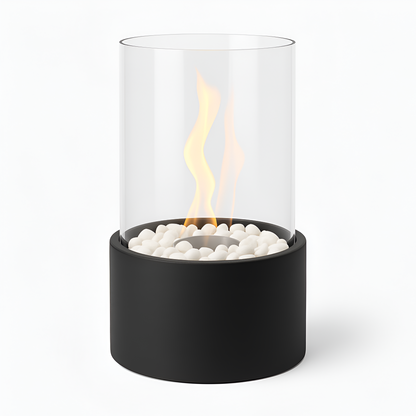 SleekFlame Tafelhaard – Stijlvolle Zwarte Bio-Ethanol Vuurtafel met Glascilinder voor Binnen & Buiten