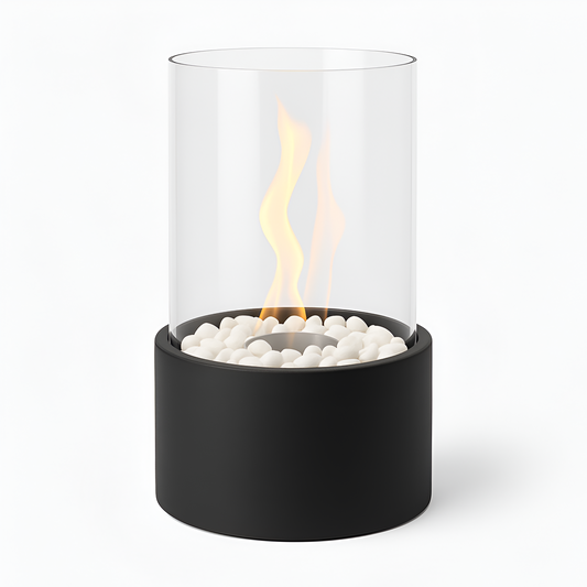 SleekFlame Tafelhaard – Stijlvolle Zwarte Bio-Ethanol Vuurtafel met Glascilinder voor Binnen & Buiten