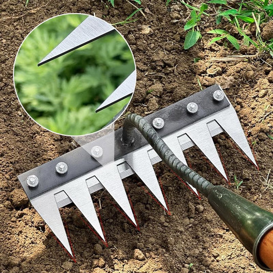 Tuinhark met Verwisselbare Kop – Carbonstalen Rake voor Onkruid, Bladeren & Grondbewerking | 5-8 Tanden, Compact & Roestvrij