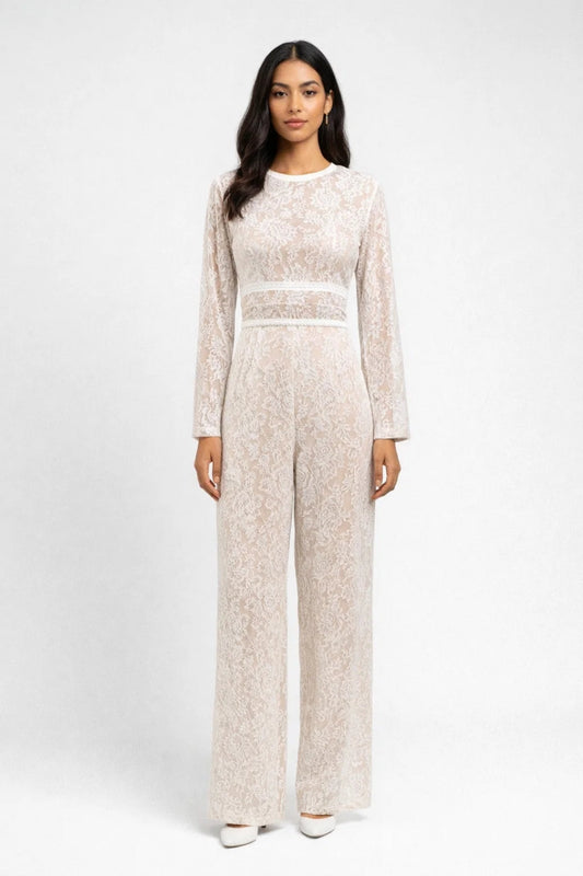 Dames jumpsuit – bloemenstructuur, lange mouwen, elegant, bruiloft