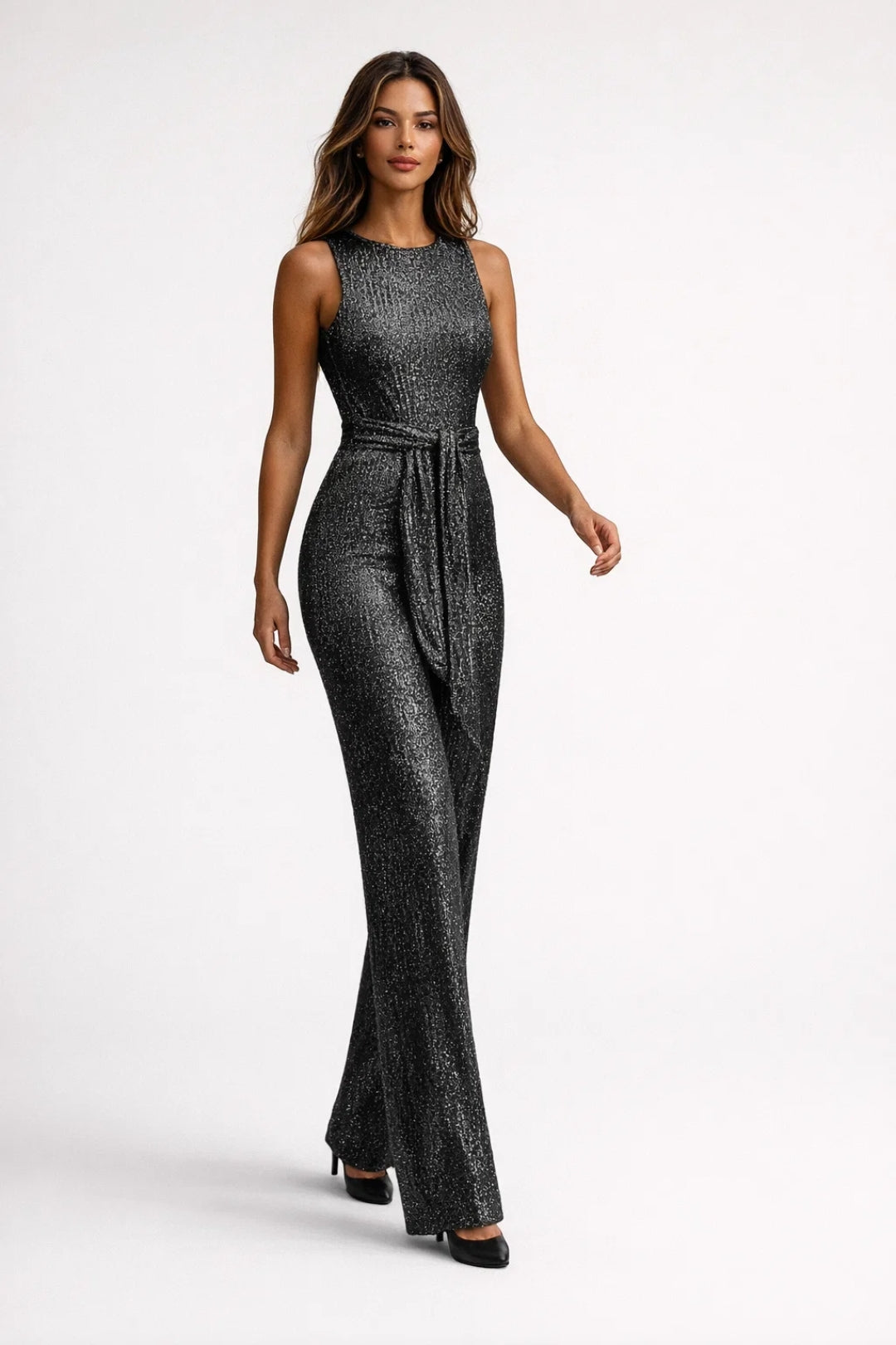 Dames jumpsuit – glinsterend, slim fit, wijde pijp, gala & avond