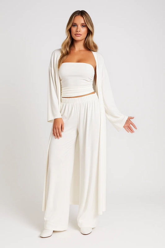 Dames 3-delige set – strapless top, wijde broek, lange cardigan