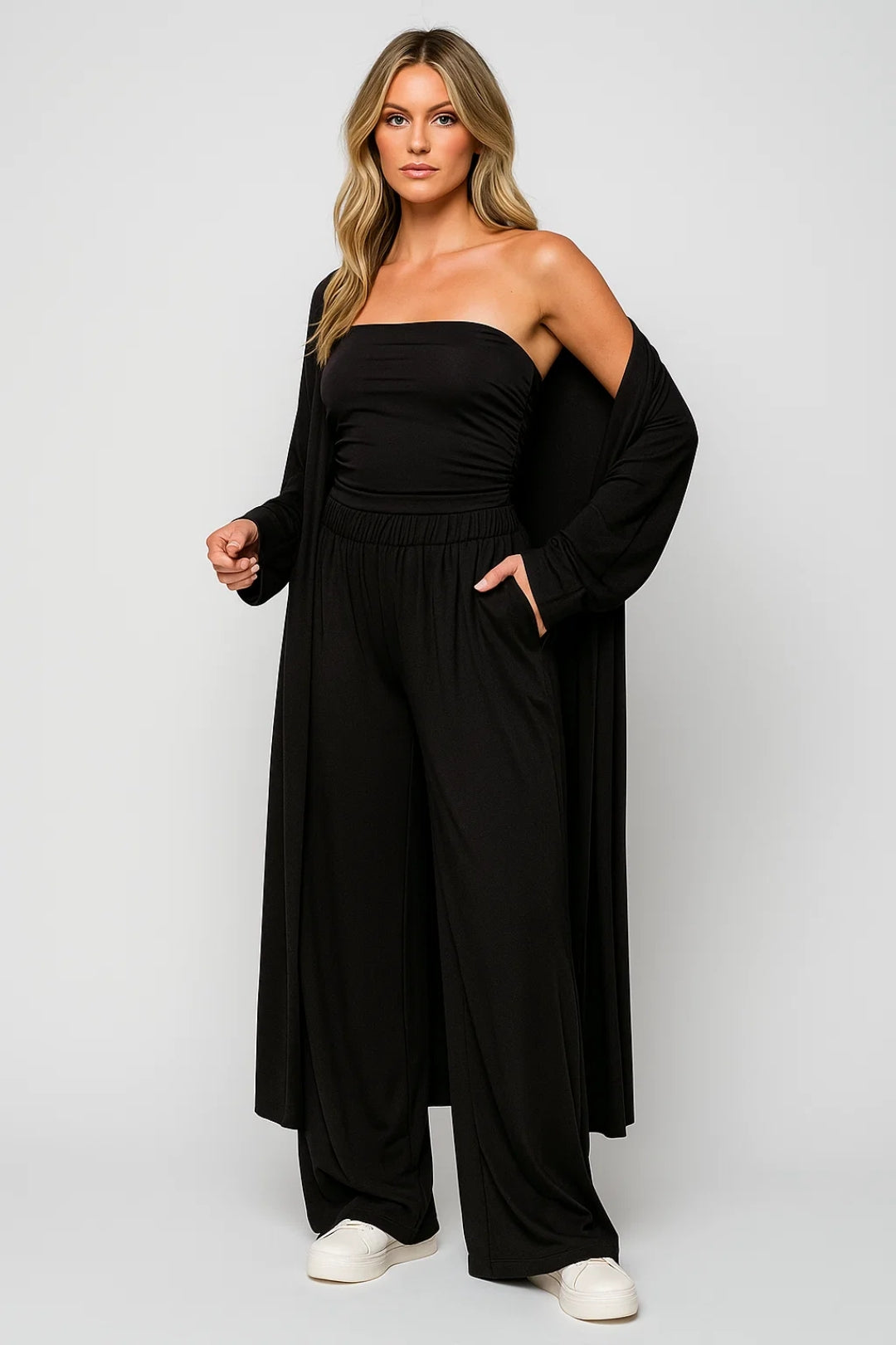 Dames 3-delige set – strapless top, wijde broek, lange cardigan