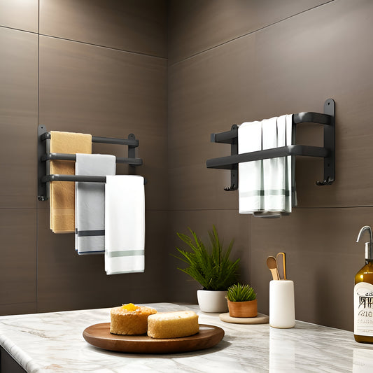 LuxeRack – Wandgemonteerde Handdoekhouder van Aluminium met 2 of 3 Stangen – Zwart, Modern, Ruimtebesparend en Zonder Boren