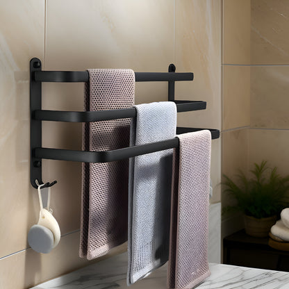 LuxeRack – Wandgemonteerde Handdoekhouder van Aluminium met 2 of 3 Stangen – Zwart, Modern, Ruimtebesparend en Zonder Boren