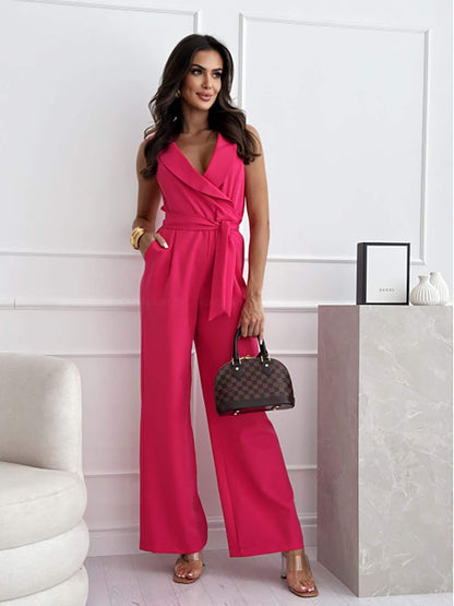 Dames jumpsuit – wijde pijpen, taille riem, katoenmix, elegant