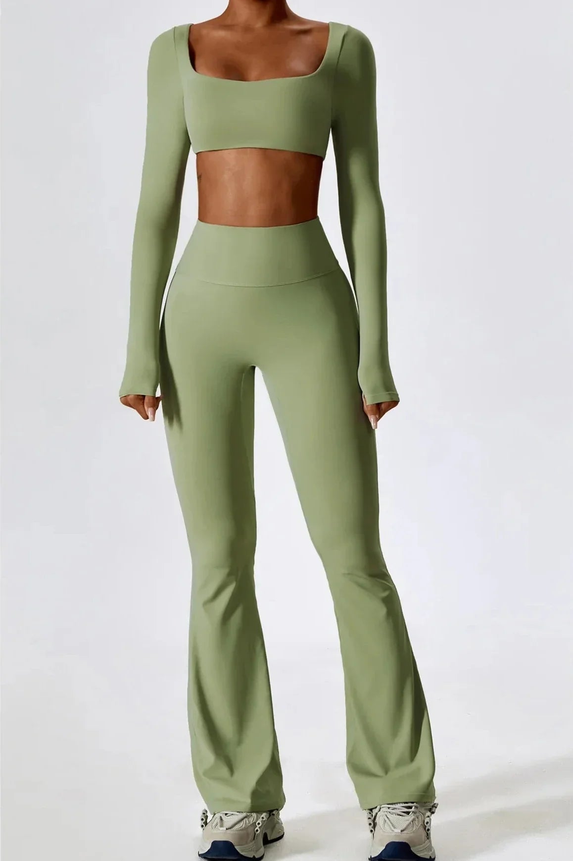 Dames set – flare legging en long sleeve crop top, stretch en comfortabel