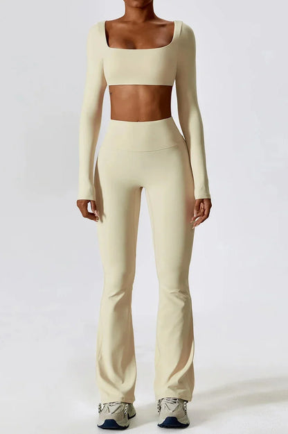 Dames set – flare legging en long sleeve crop top, stretch en comfortabel