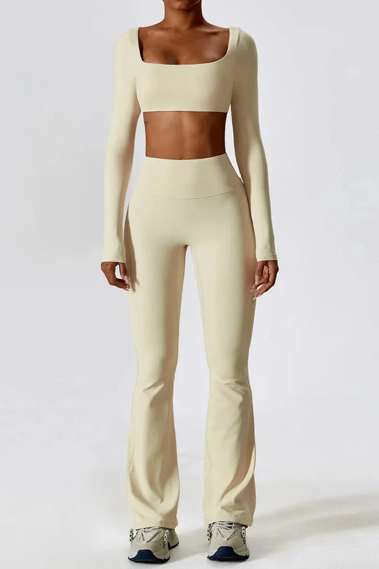 Dames set – flare legging en long sleeve crop top, stretch en comfortabel