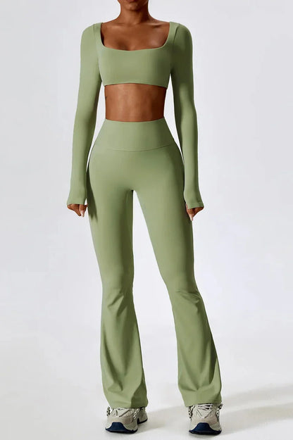 Dames set – flare legging en long sleeve crop top, stretch en comfortabel