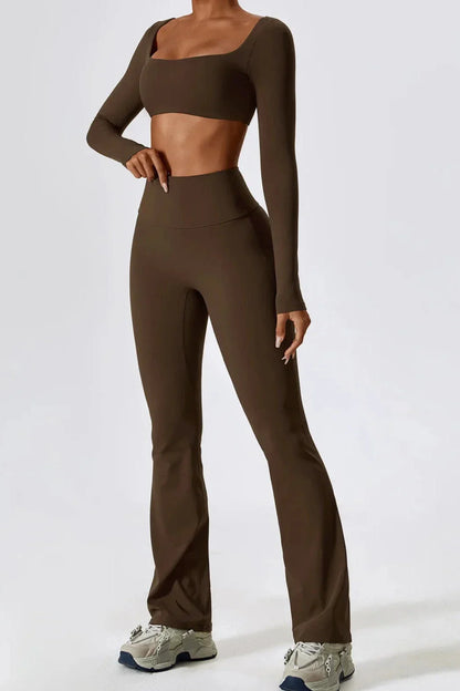 Dames set – flare legging en long sleeve crop top, stretch en comfortabel
