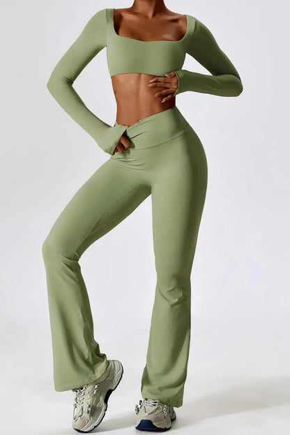Dames set – flare legging en long sleeve crop top, stretch en comfortabel