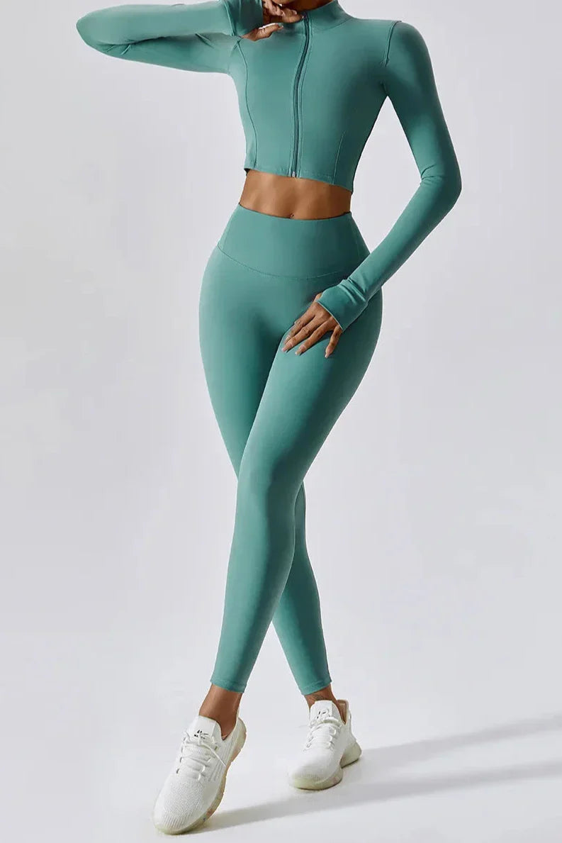 Sportset dames – top met rits en high-waist legging, zacht en rekbaar