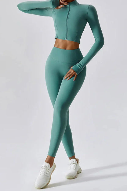 Sportset dames – top met rits en high-waist legging, zacht en rekbaar