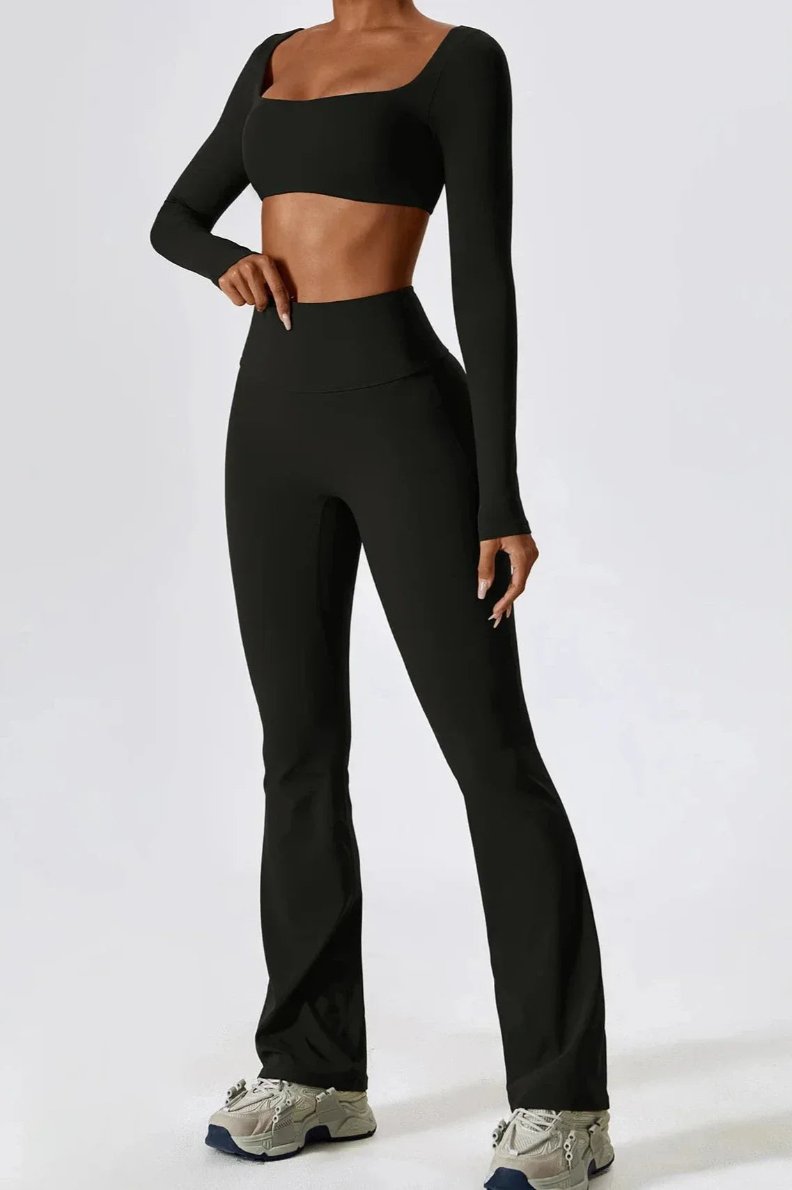 Dames set – flare legging en long sleeve crop top, high-waist en stretch