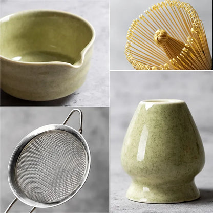 Matcha Theeset 6-delig – Complete Japanse Set met Matcha Kom, Bamboe Klopper, Lepel, Zeef & Houder | Handgemaakt Keramiek & Bamboe | Ideaal voor Ceremoniële Bereiding