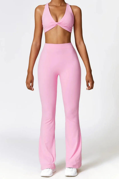 Dames set – flare legging en twist crop top, zacht en rekbaar