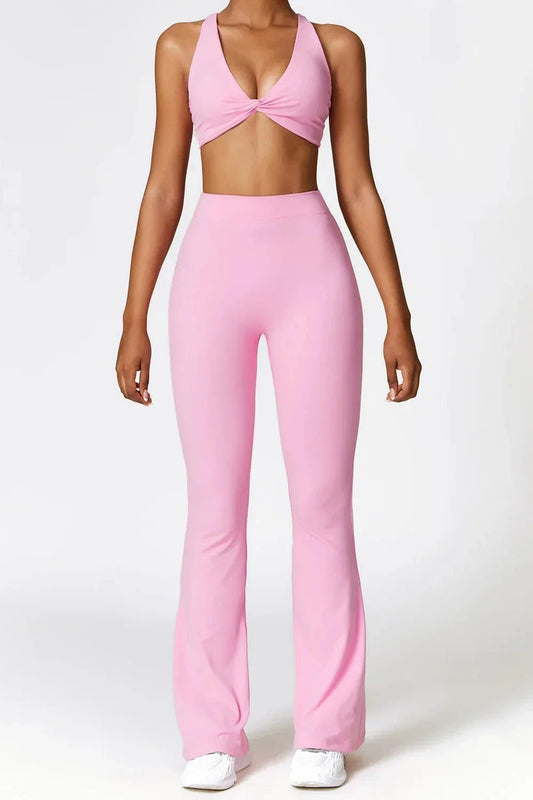 Dames set – flare legging en twist crop top, zacht en rekbaar