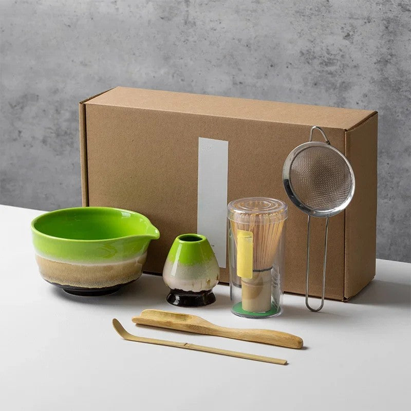 Matcha Theeset 6-delig – Complete Japanse Set met Matcha Kom, Bamboe Klopper, Lepel, Zeef & Houder | Handgemaakt Keramiek & Bamboe | Ideaal voor Ceremoniële Bereiding