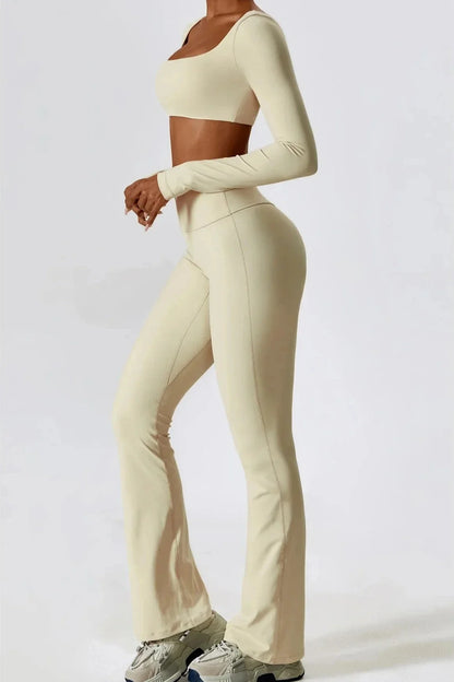 Dames set – flare legging en long sleeve crop top, stretch en comfortabel