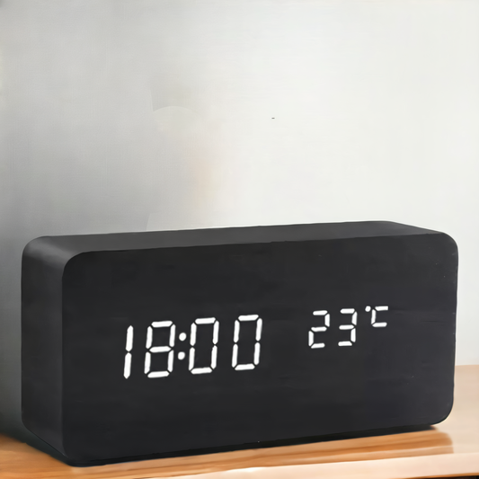 Digitale Houten Wekker met LED Display – Tijd, Temperatuur en Luchtvochtigheid | 3 Alarmen & Geluidsactivatie | Minimalistisch Design in 4 Kleuren en 2 Vormen