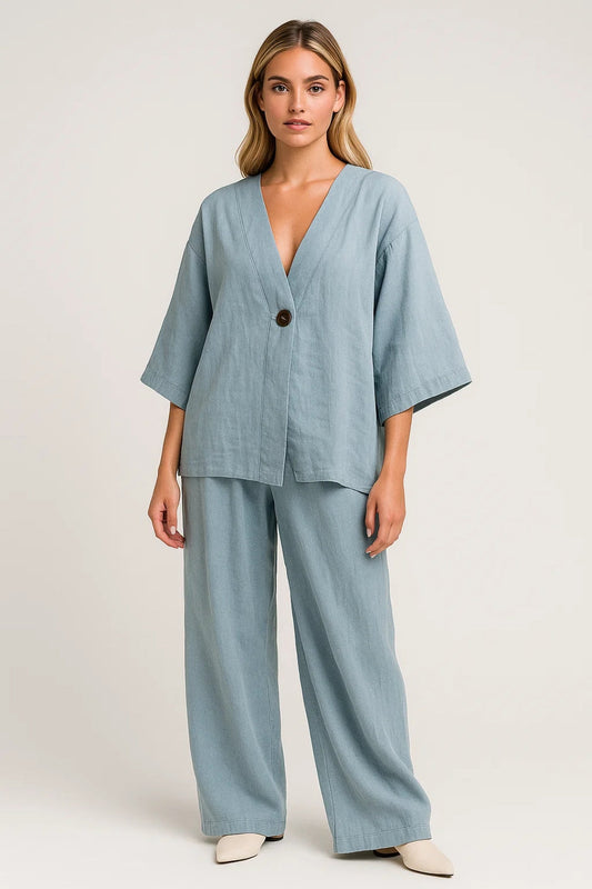 Dames set – oversized blouse, wijde broek, zomers, casual