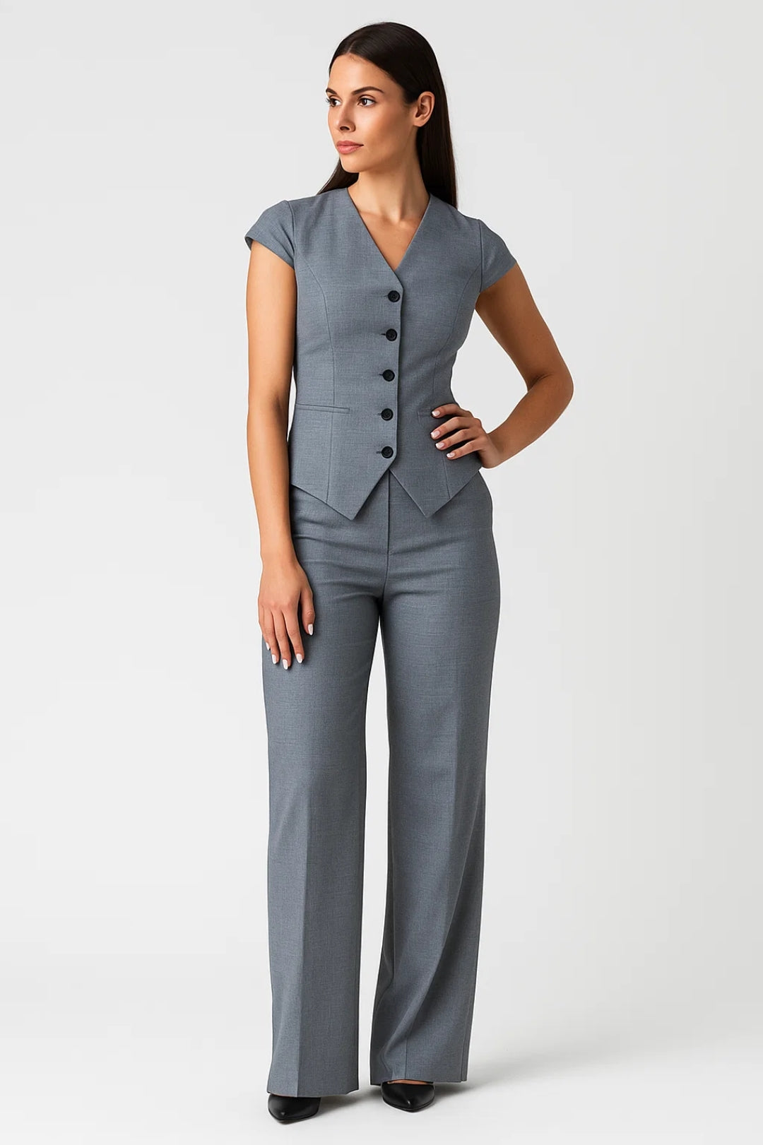 Dames co-ord set – vest met V-hals, wijde broek, zakelijk chic