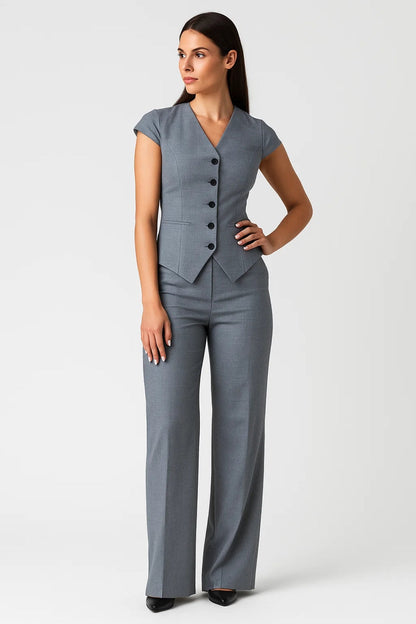 Dames co-ord set – vest met V-hals, wijde broek, zakelijk chic
