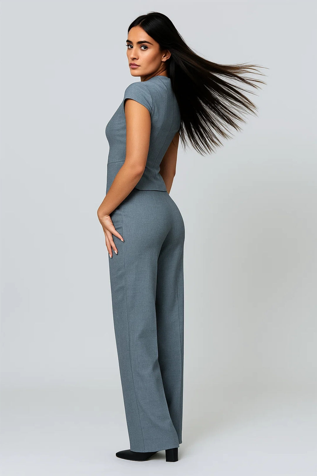 Dames co-ord set – vest met V-hals, wijde broek, zakelijk chic